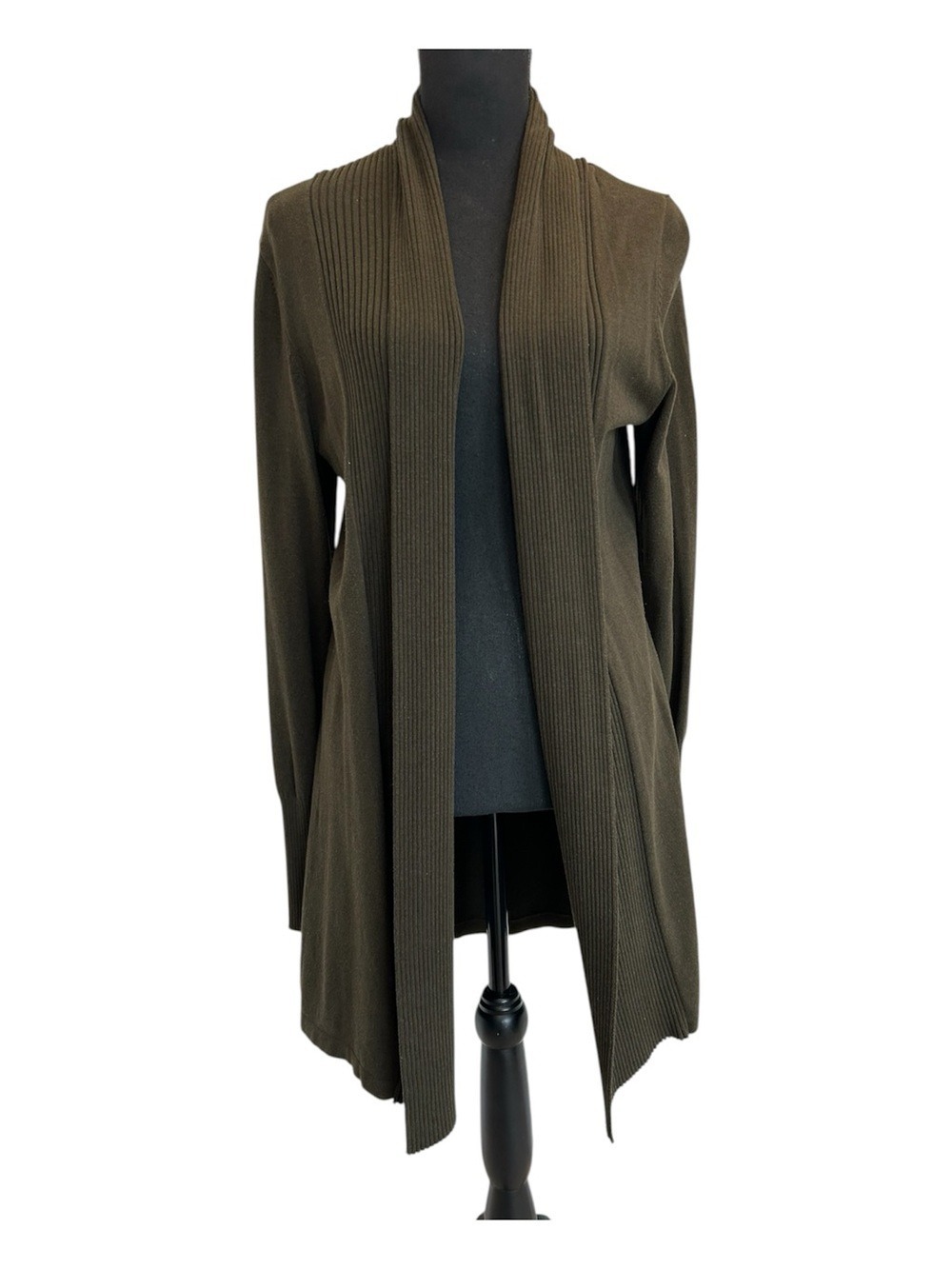 Olive Forest green ribbed open-front long cardigan sweater Sz M